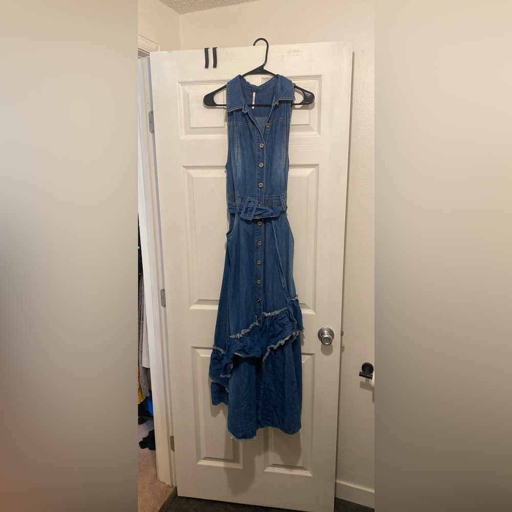Free People Blue Denim Sleeveless Maxi Dress with Ruffle Detail - Picture 5 of 7
